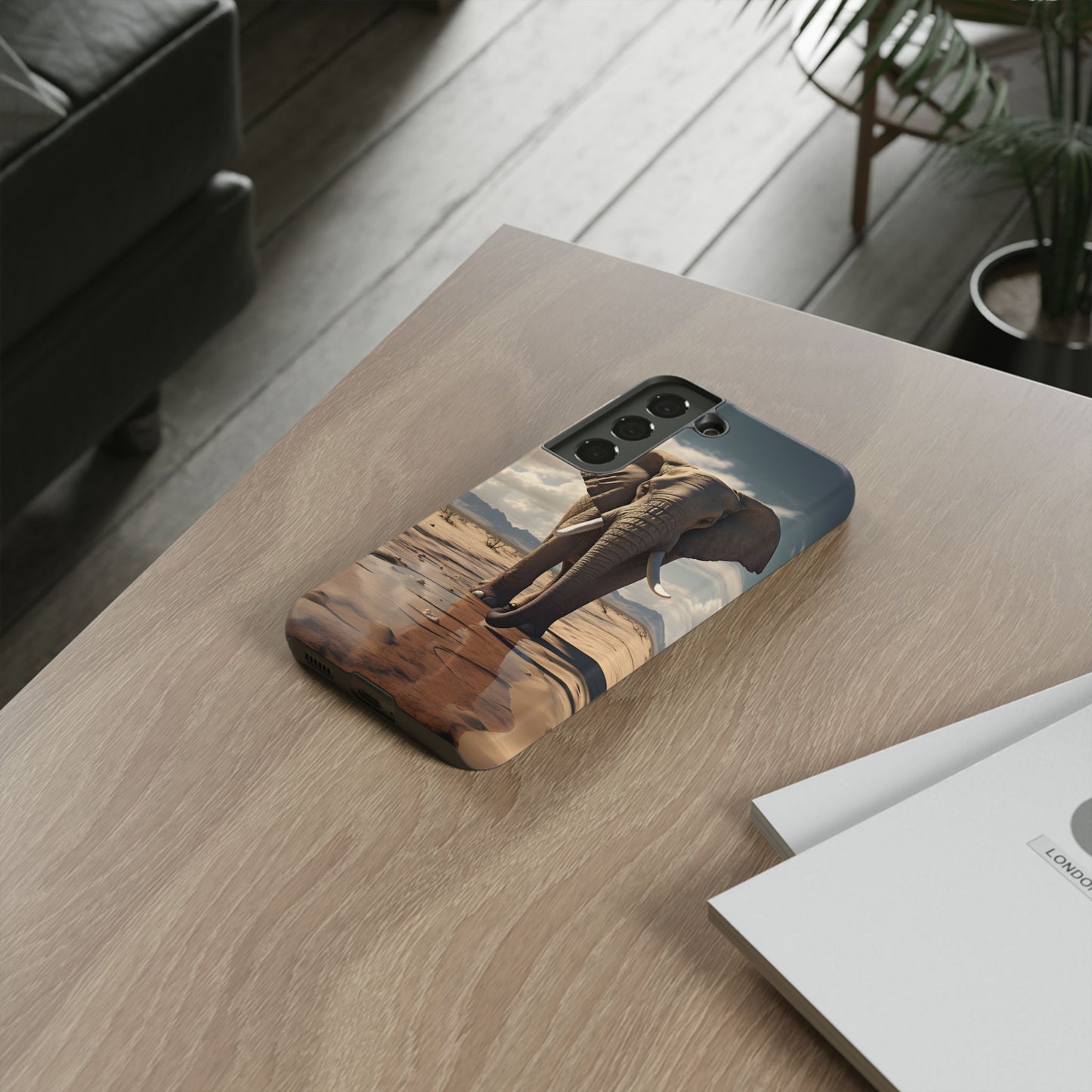 Elephant Drinking Water Phone Case - Wildlife Art in Dry Landscape Design, Nature-Inspired Protective Cover