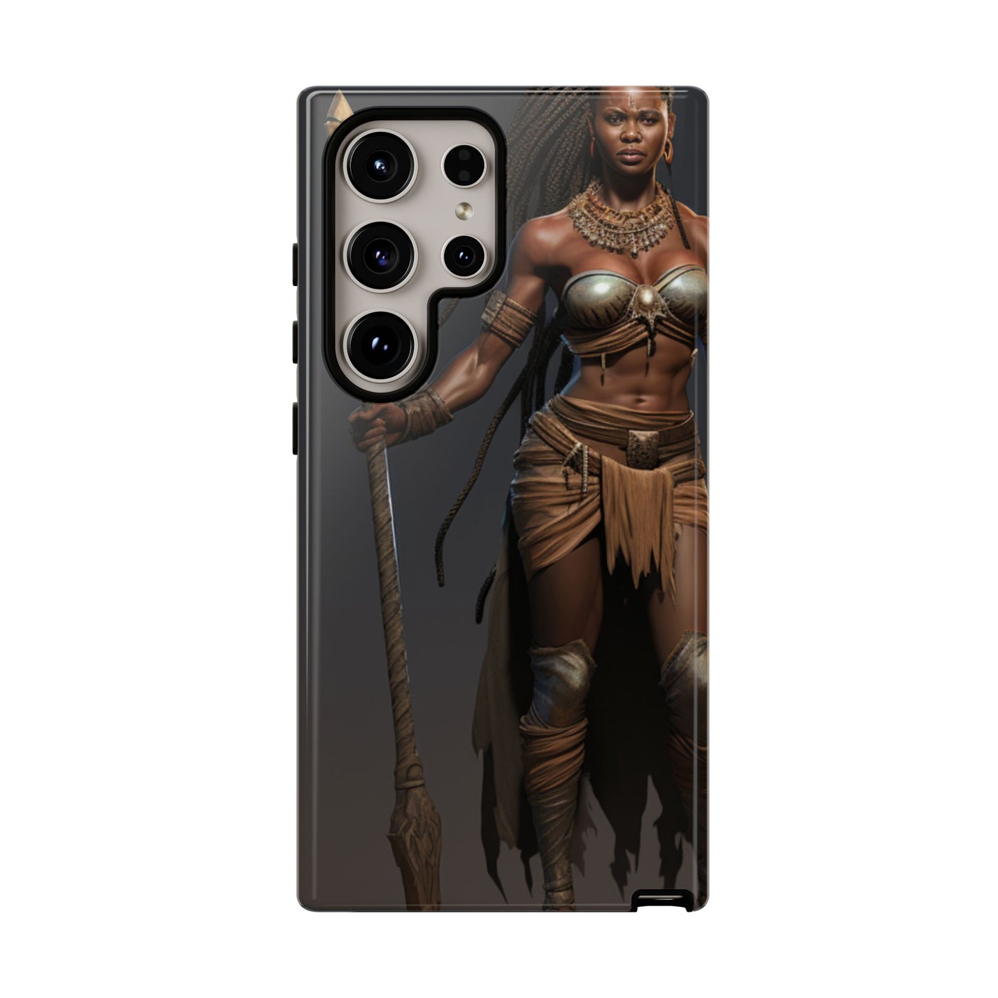 African Female Warrior Phone Case – Powerful Spear-Wielding Tribal Art Design, Bold Protective Cover