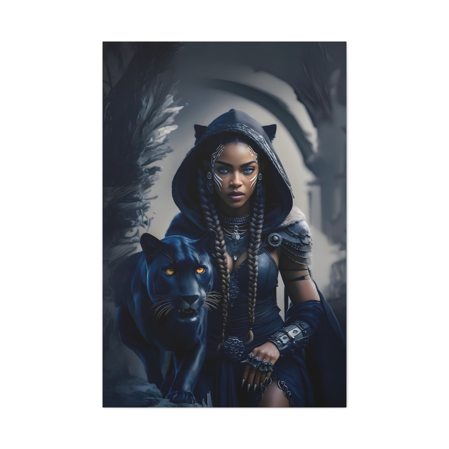 Fantasy Canvas Wall Art - Warrior with Panther, Home Decor, Black Art Print, Gift for Her, Boho Wall Hanging, Magical Room Decor, Afro