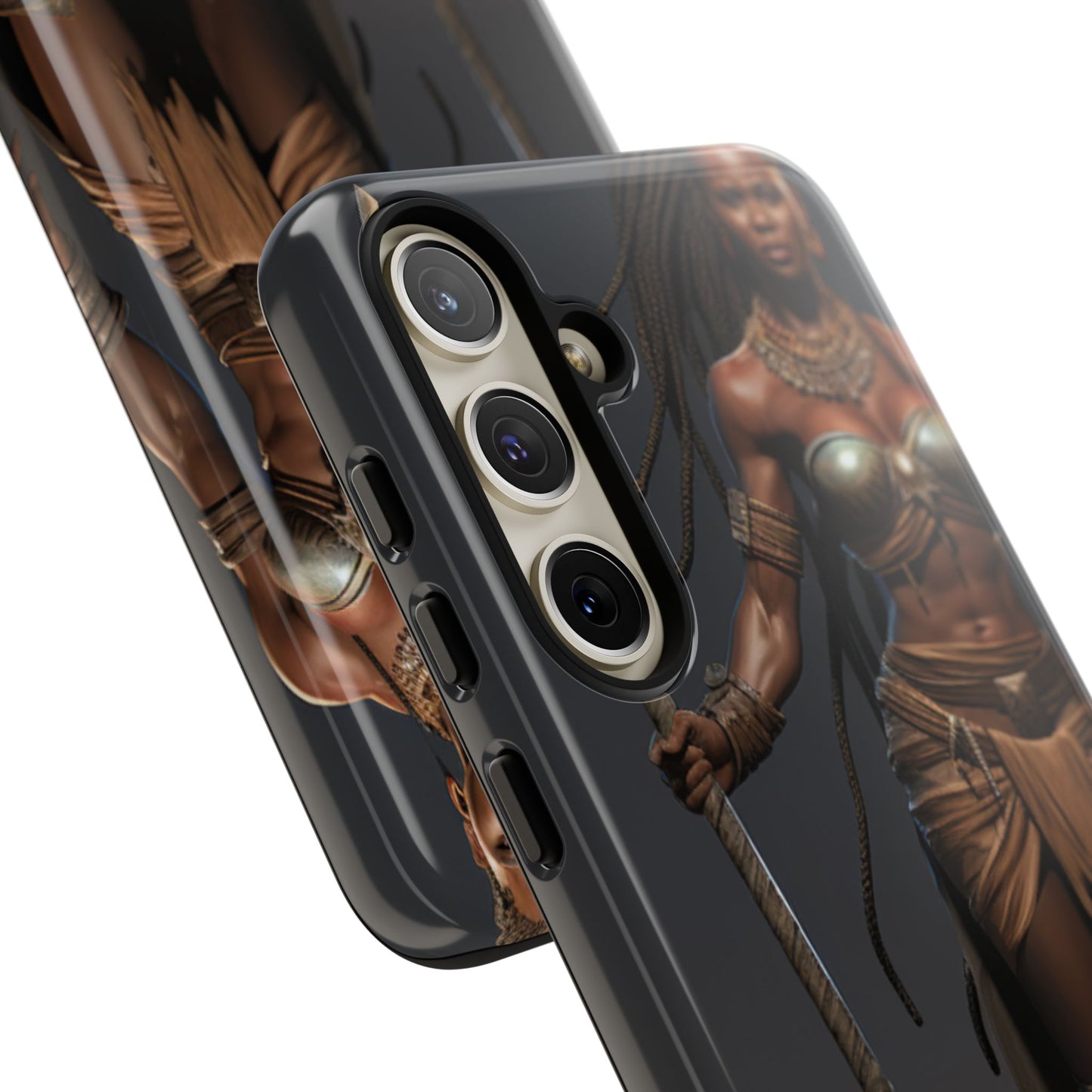 African Female Warrior Phone Case – Powerful Spear-Wielding Tribal Art Design, Bold Protective Cover