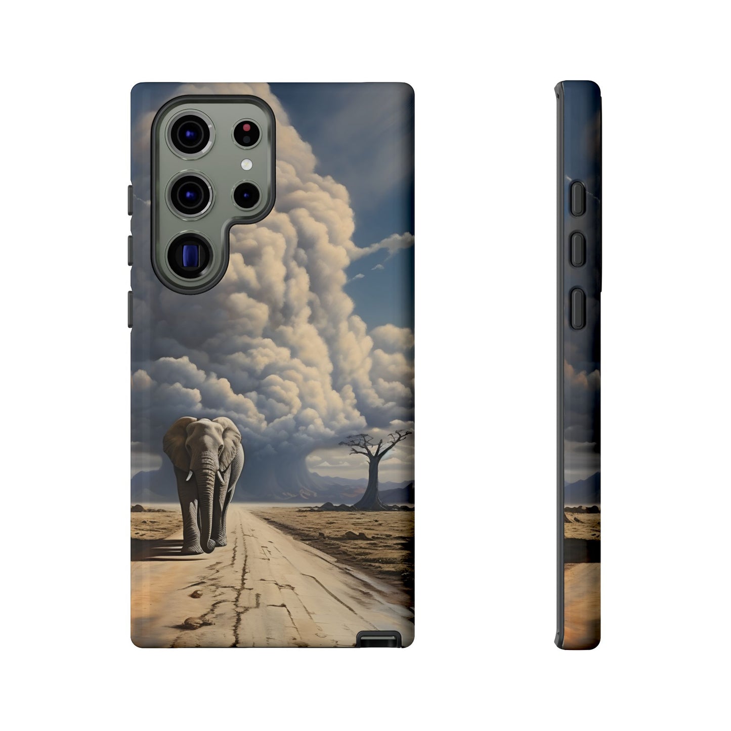 Elephant on Old Road Phone Case – Majestic Wildlife Art with Dramatic Cloud, Nature-Inspired Protective Cover