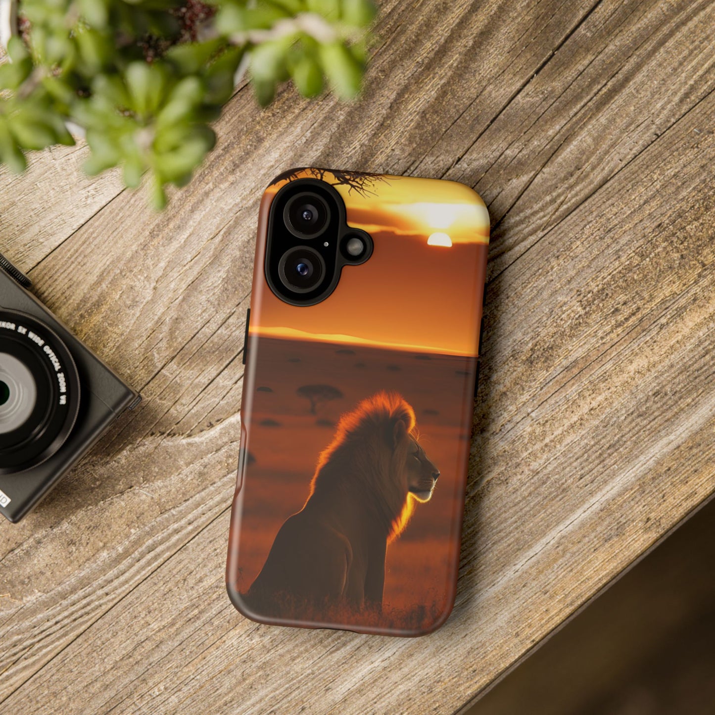 Lion Sunset Phone Case – Majestic Wildlife Art with Tree Silhouette, Safari-Inspired Protective Cover