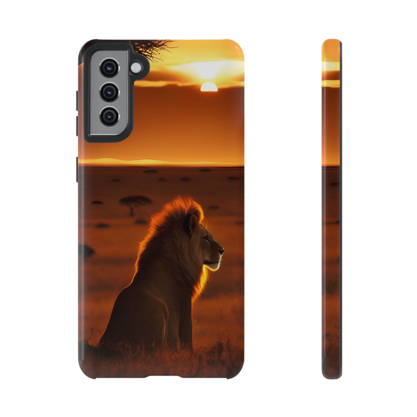 Lion Sunset Phone Case – Majestic Wildlife Art with Tree Silhouette, Safari-Inspired Protective Cover