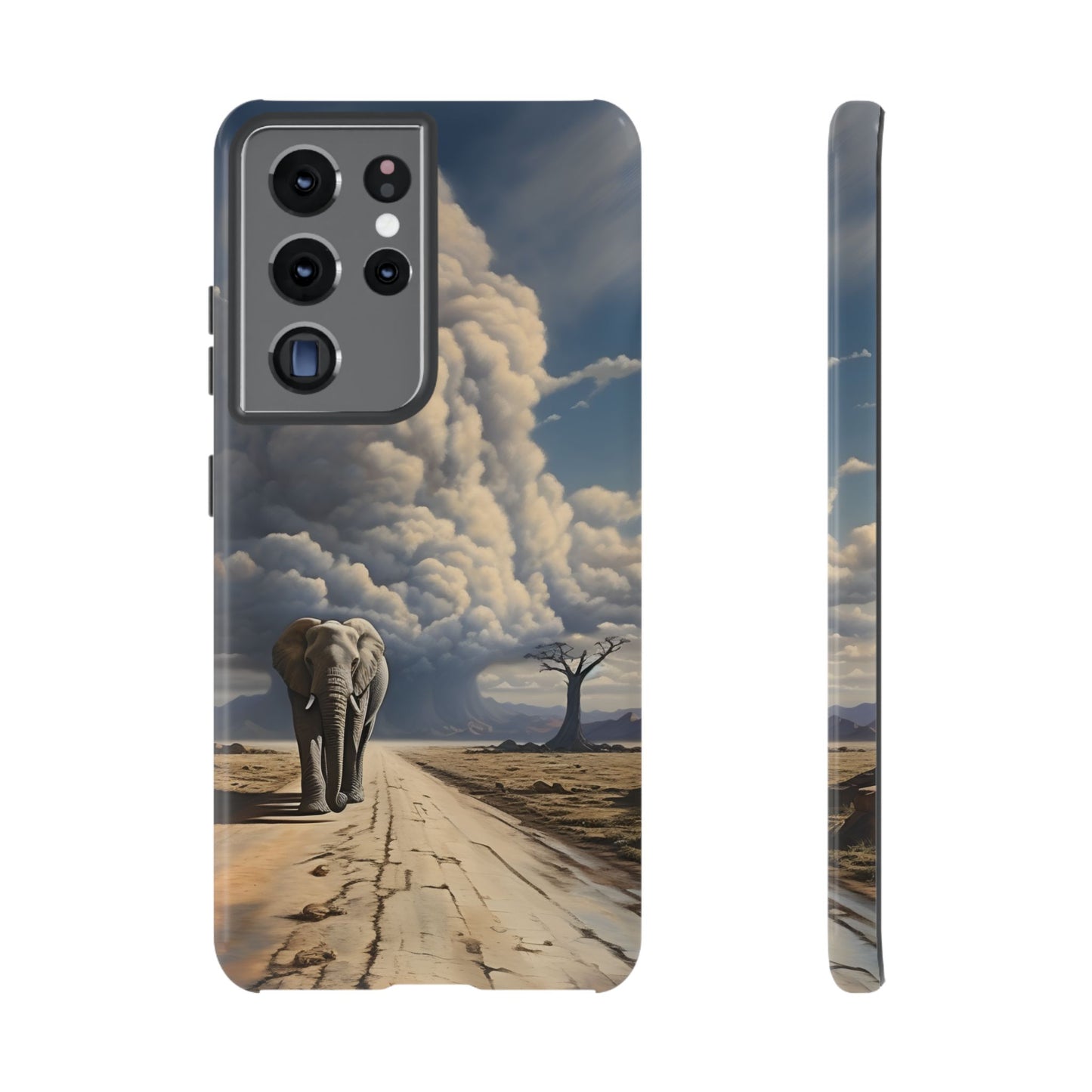 Elephant on Old Road Phone Case – Majestic Wildlife Art with Dramatic Cloud, Nature-Inspired Protective Cover