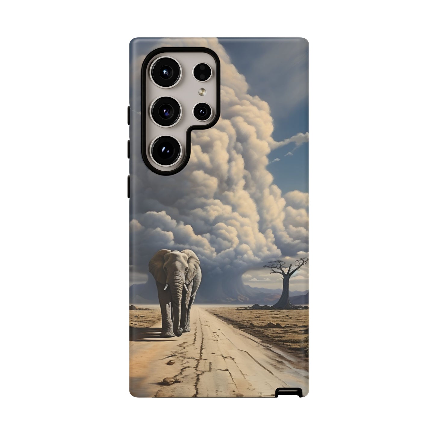 Elephant on Old Road Phone Case – Majestic Wildlife Art with Dramatic Cloud, Nature-Inspired Protective Cover