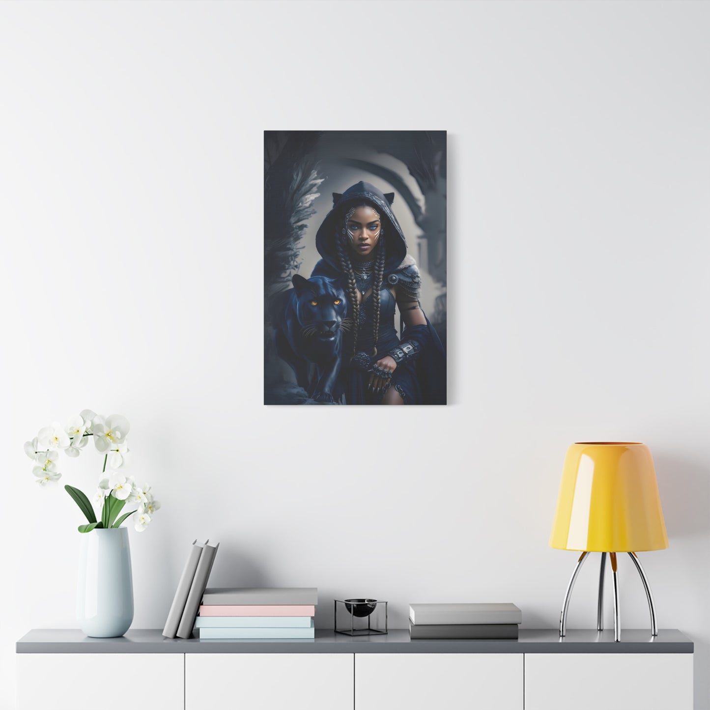 Fantasy Canvas Wall Art - Warrior with Panther, Home Decor, Black Art Print, Gift for Her, Boho Wall Hanging, Magical Room Decor, Afro