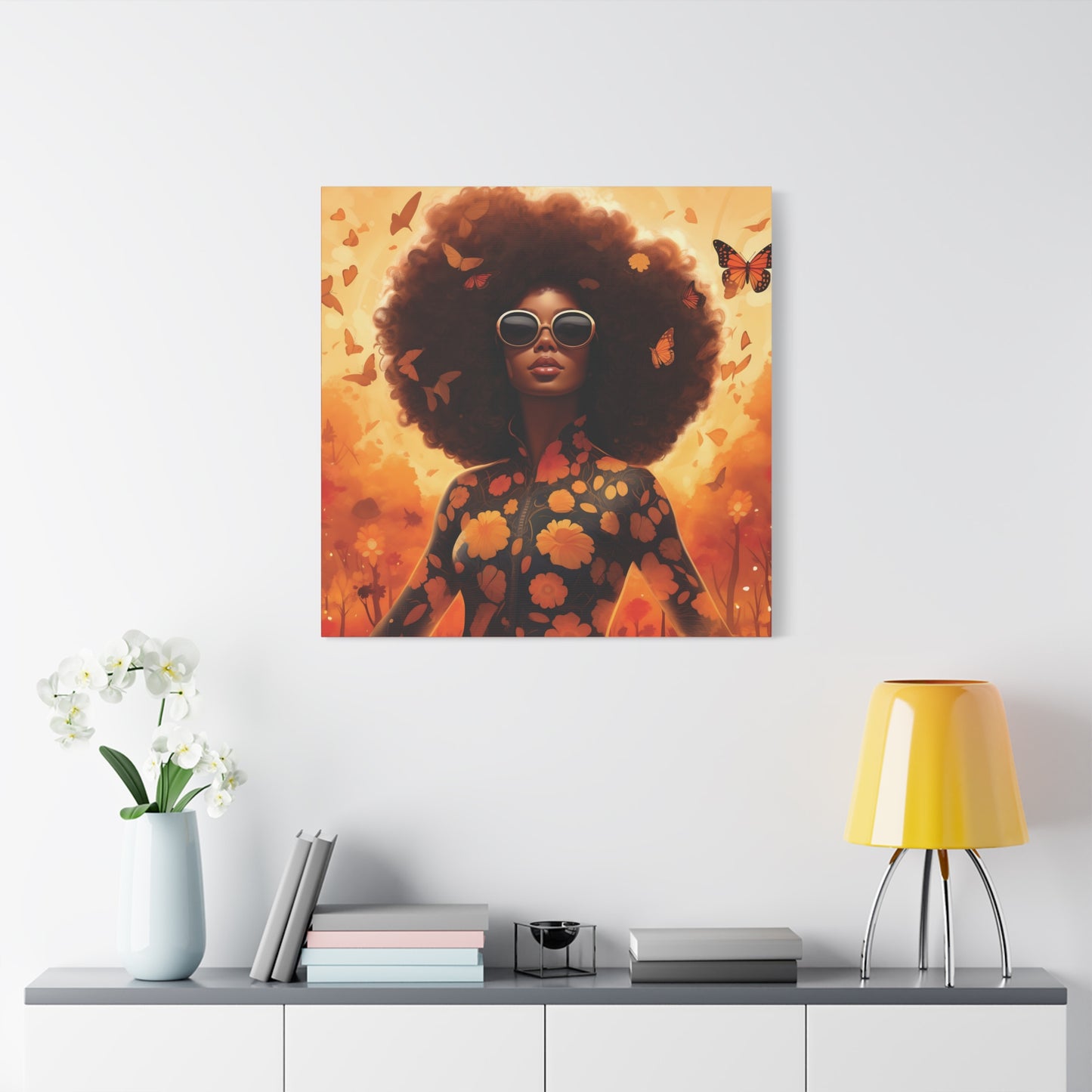 Floral Canvas Art, Bohemian Wall Decor, Afrocentric Home Decor, Vibrant Modern Art, Unique Gift Idea, Orange Butterfly Artwork