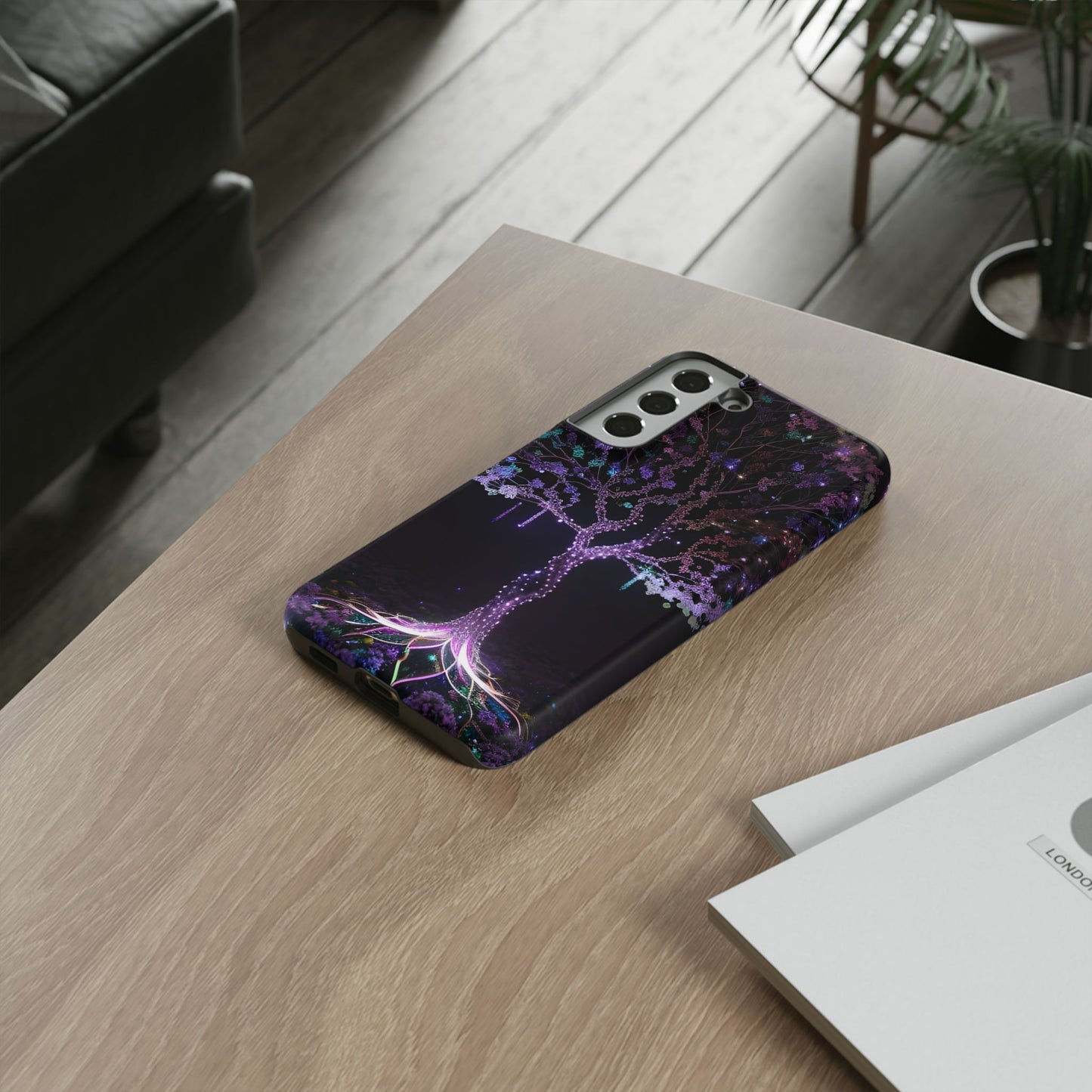 Dark Purple Tree Phone Case – Luminous Nature Art, Mystical Night Design Protective Cove