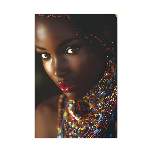 African Beauty Portrait with Colorful Beaded Jewelry – Afrocentric Stretched Canvas Art Print, African Culture Wall Decor, Home Decor, Gift for Art Lovers