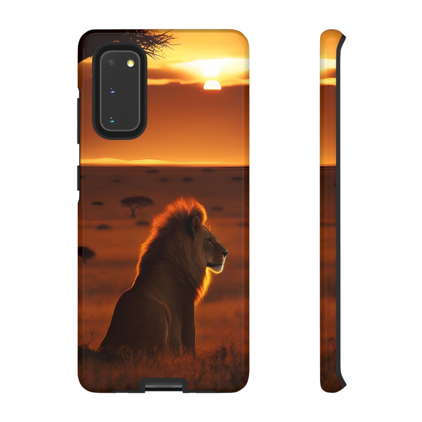 Lion Sunset Phone Case – Majestic Wildlife Art with Tree Silhouette, Safari-Inspired Protective Cover