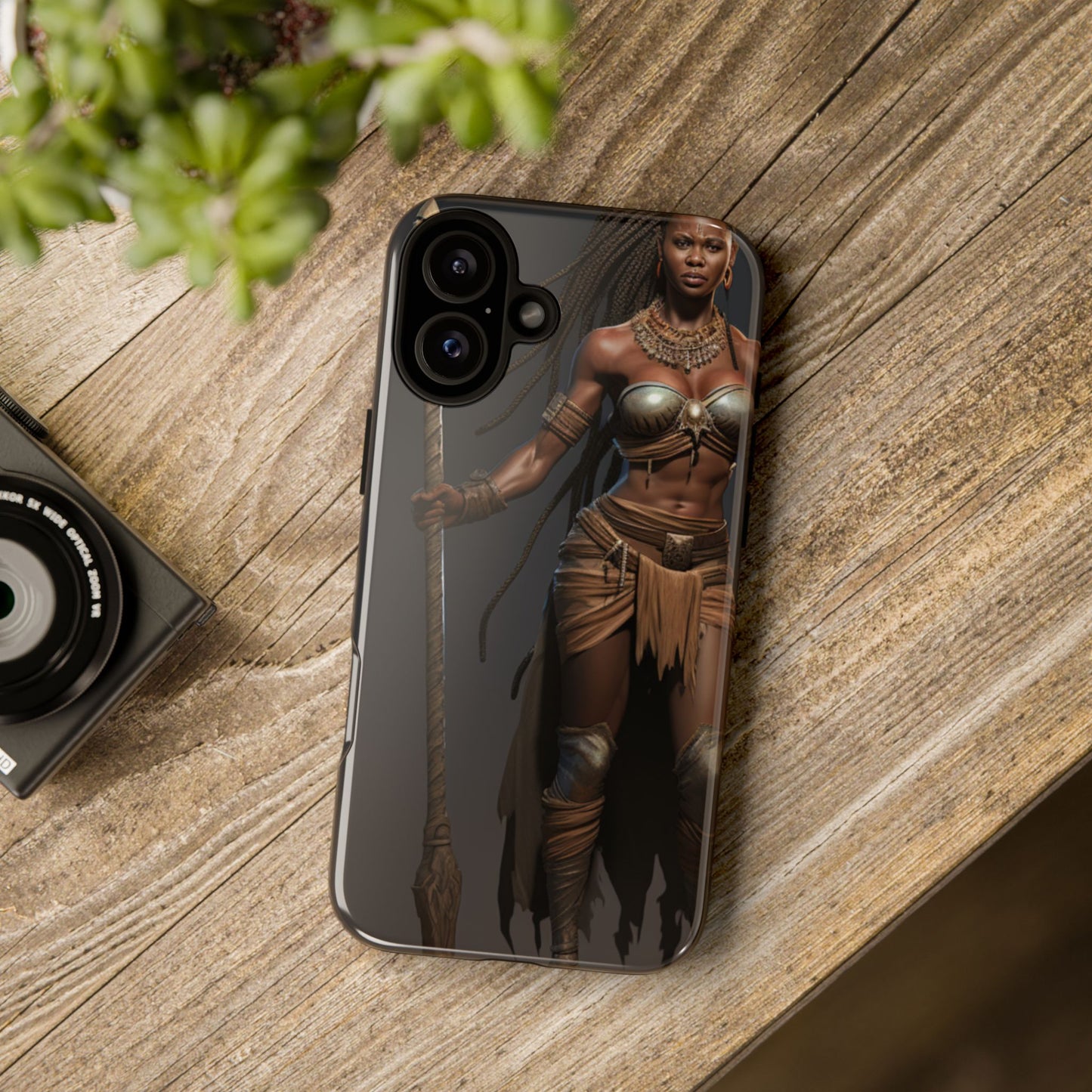 African Female Warrior Phone Case – Powerful Spear-Wielding Tribal Art Design, Bold Protective Cover