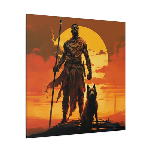 African Warrior and Guardian Dog Canvas artwork Print – Epic Sunset Wall Art for Bold Spaces, Wall Art, Home Decor, Unique Gift, Nature Inspired, Adventure Wall Hanging, Inspirational Art