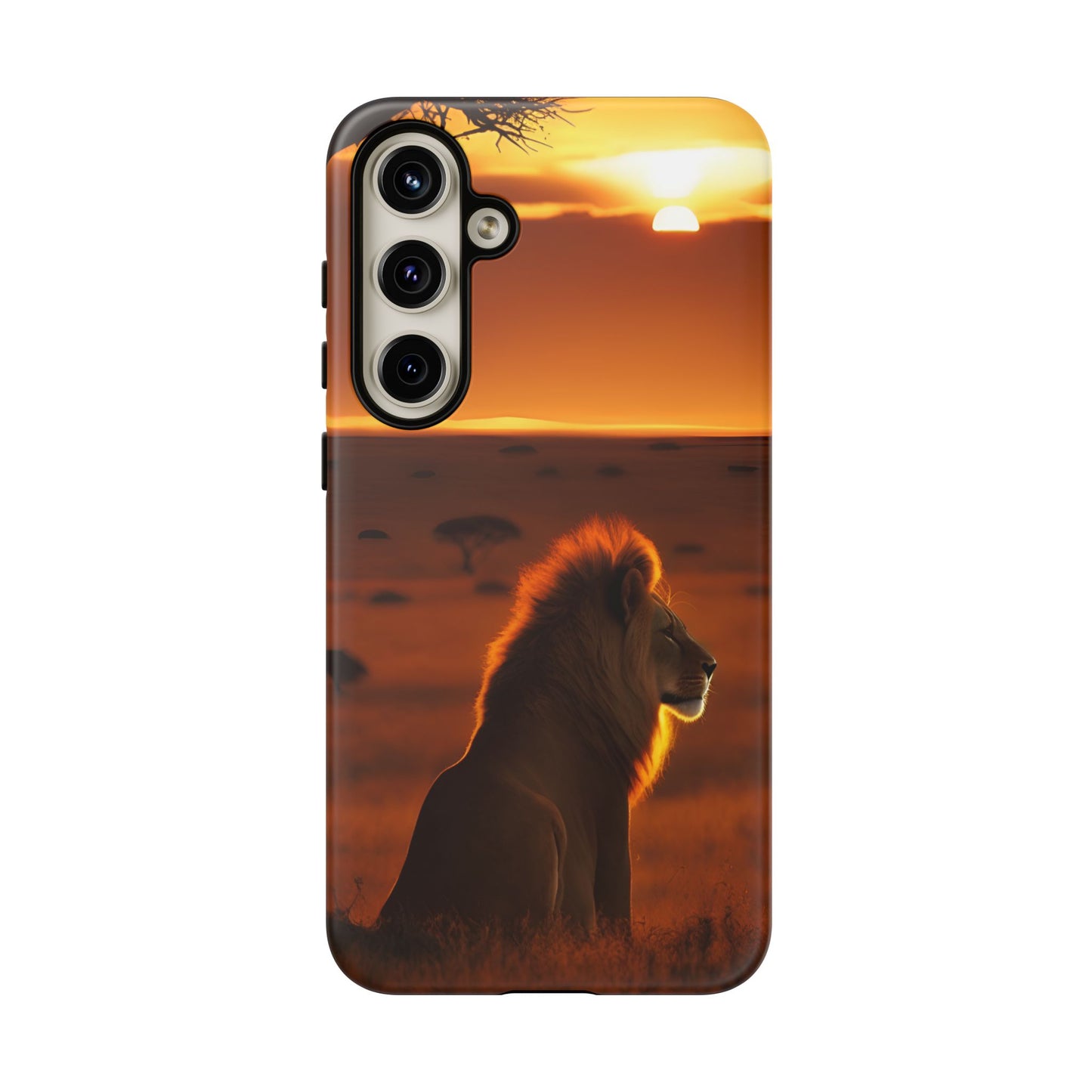 Lion Sunset Phone Case – Majestic Wildlife Art with Tree Silhouette, Safari-Inspired Protective Cover