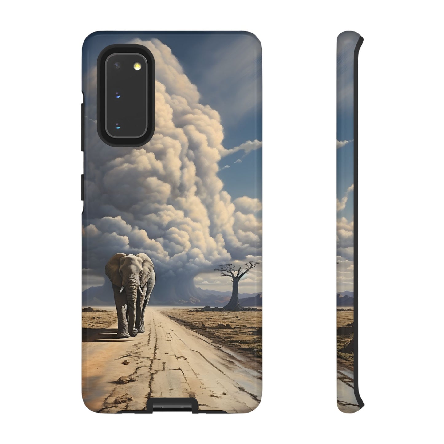 Elephant on Old Road Phone Case – Majestic Wildlife Art with Dramatic Cloud, Nature-Inspired Protective Cover