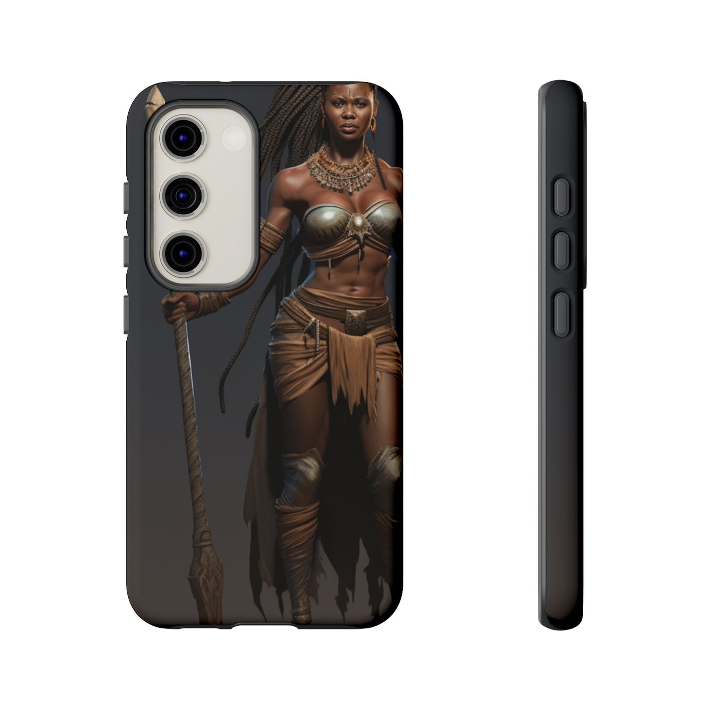 African Female Warrior Phone Case – Powerful Spear-Wielding Tribal Art Design, Bold Protective Cover