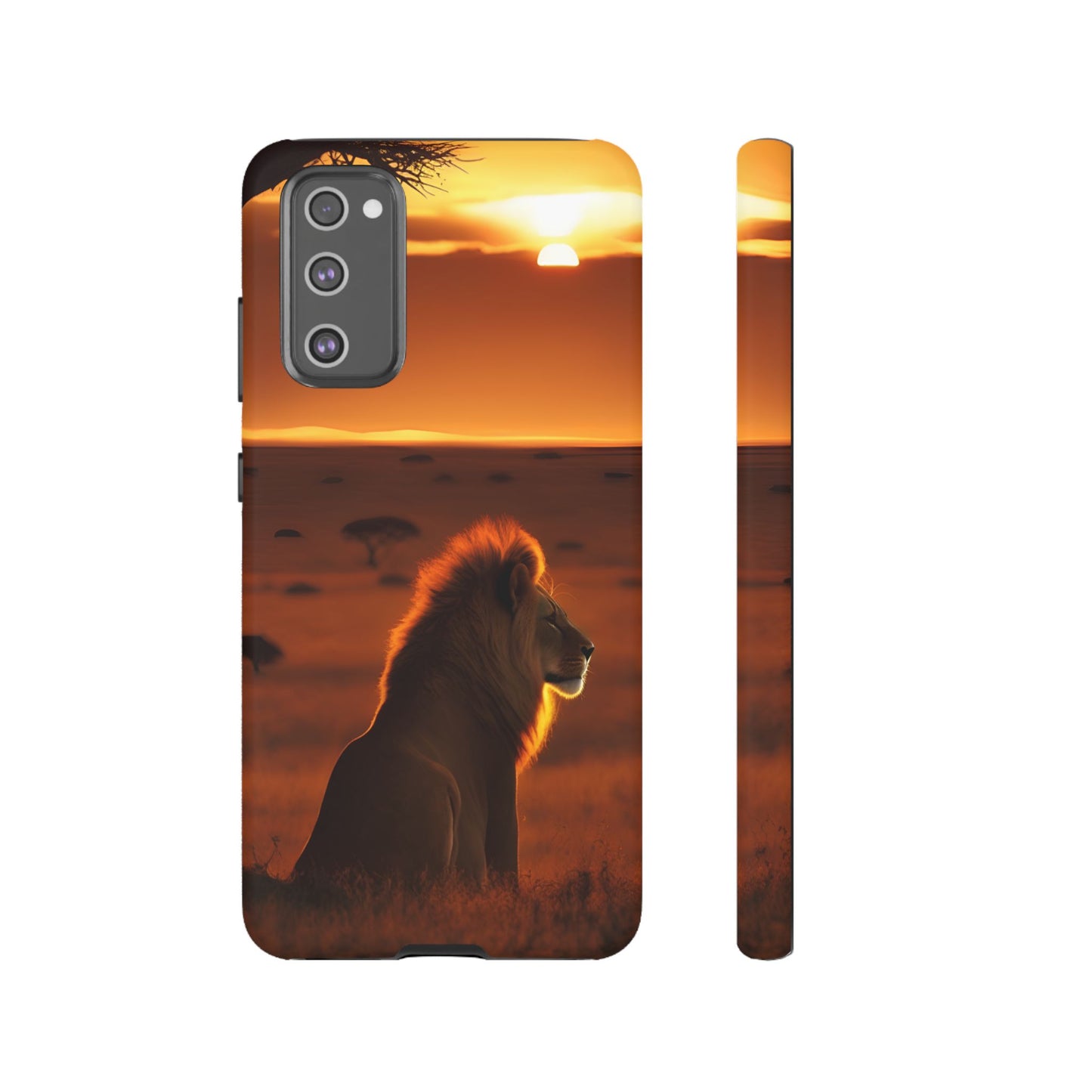 Lion Sunset Phone Case – Majestic Wildlife Art with Tree Silhouette, Safari-Inspired Protective Cover