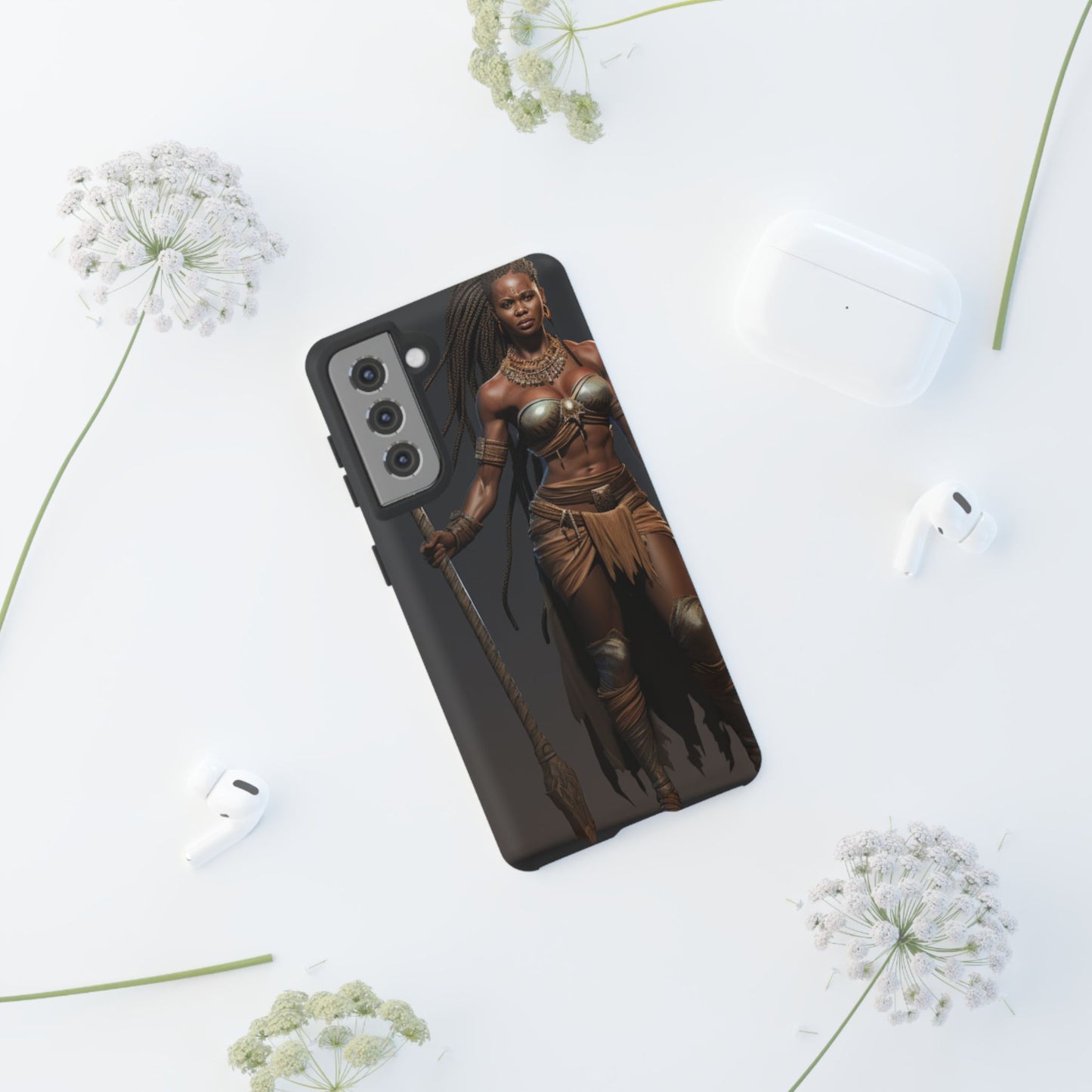 African Female Warrior Phone Case – Powerful Spear-Wielding Tribal Art Design, Bold Protective Cover