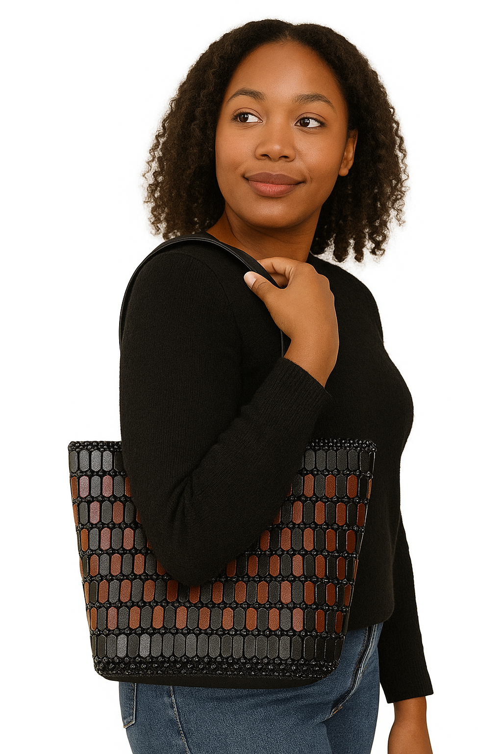 Handmade Beaded Shoulder Tote Bag – Black, Brown & Copper African-Inspired Design